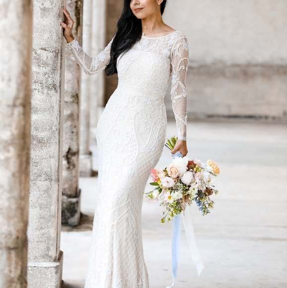 Scroll Beaded Long Sleeve Wedding Dress 